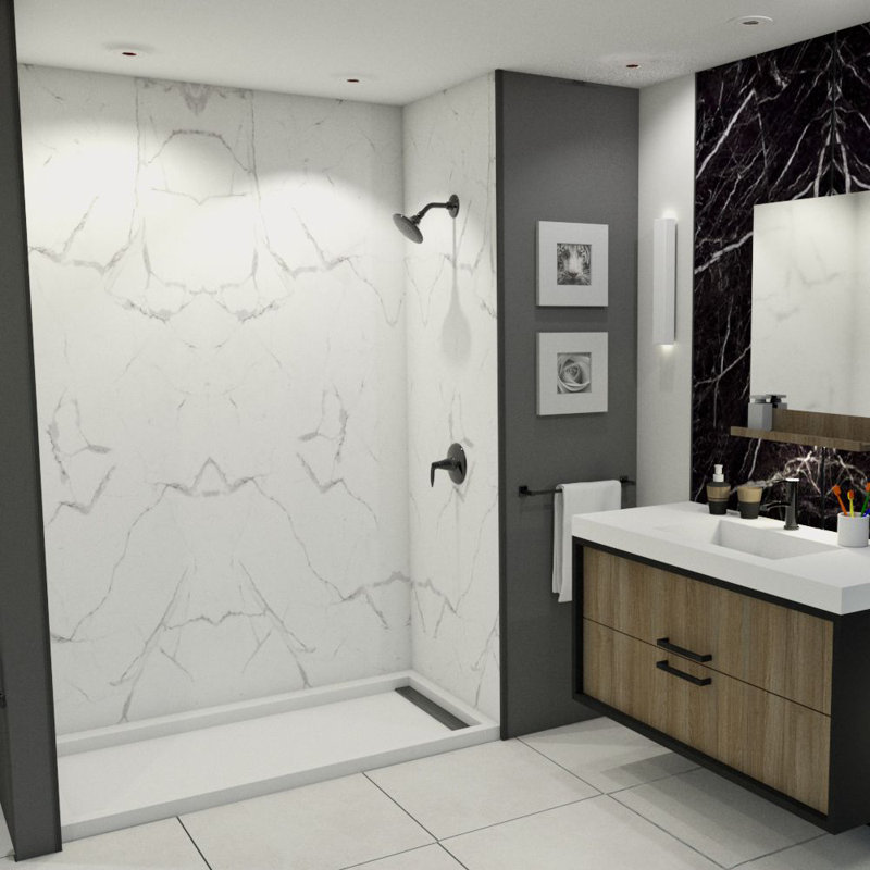 Transolid Titan Shower Wall Kit, White Caruso Glossy, 96" H x 64" W x 48" D