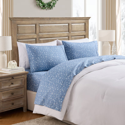 Hallmark Snowflakes Blue Brushed Cotton Flannel Bed Sheet Set, King
