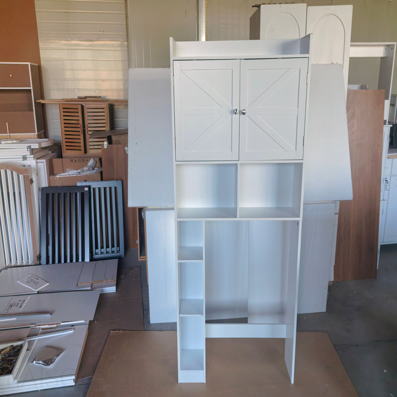 Armoire de rangement au-dessus de la toilette avec tablette réglable, économiseur d'espace de salle de bain avec portes doubles et tablettes ouvertes, support de rangement de toilette autoportant pour le rangement de la salle de bain - Blanc