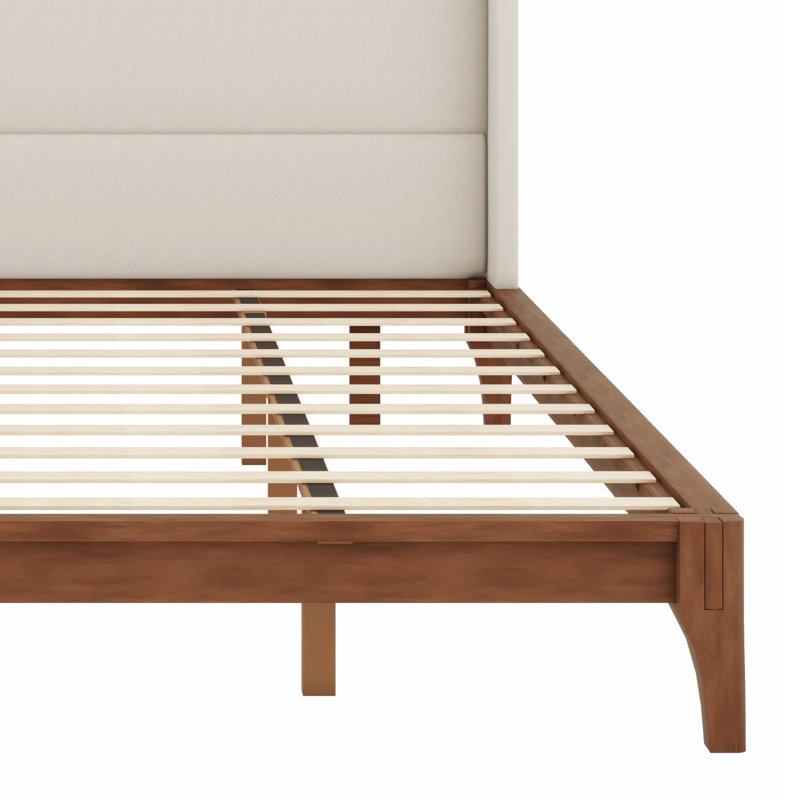 Lit plateforme moderne en bois avec tête de lit tapissier haute, Brun