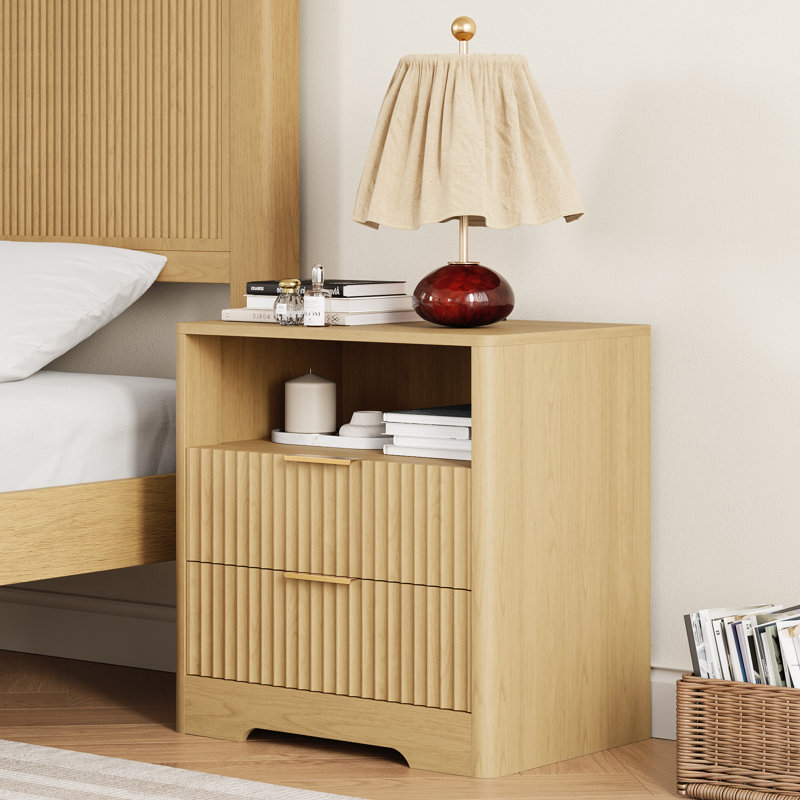 Fluted Smart Nightstand With Charging Station, Voice-Controlled Led Light, Bedside Table With Shelf And Cabinet, Natural