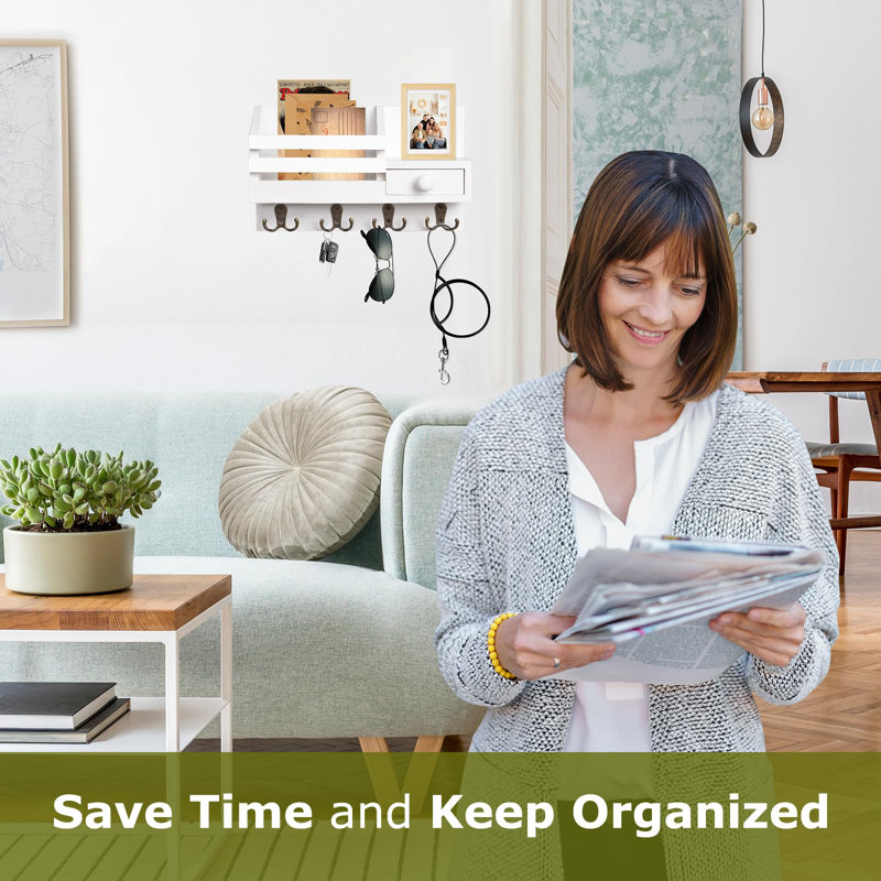 White Wooden Wall-Mounted Key and Mail Organizer with Drawer
