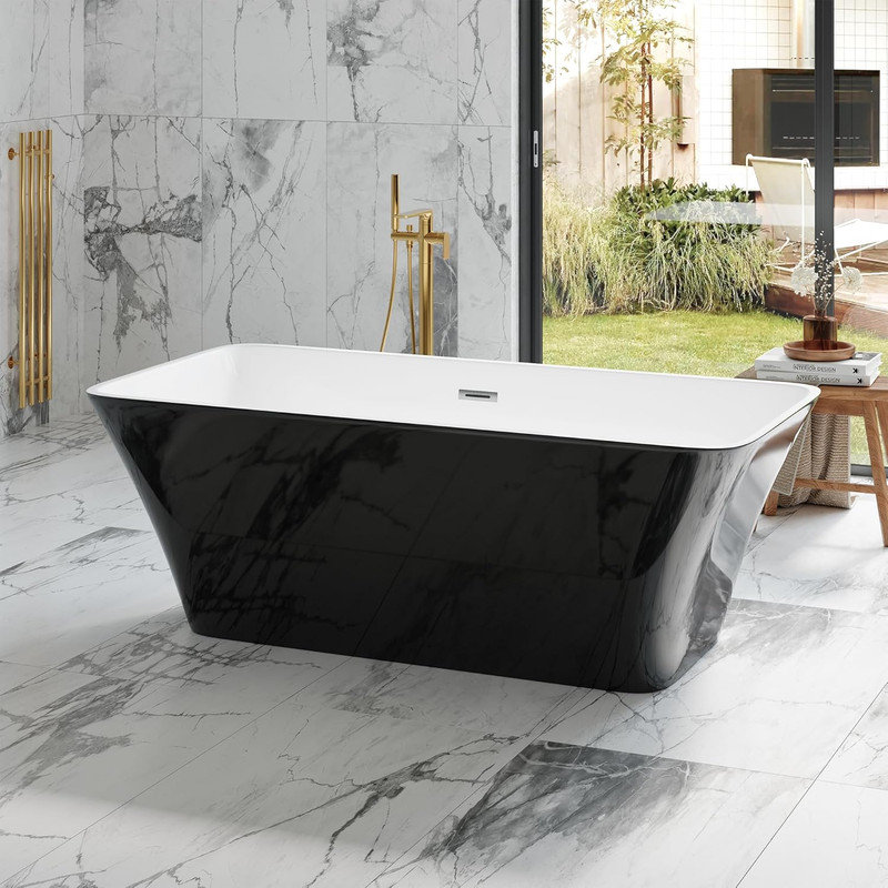 59 Inch Black Freestanding Bathtub, Acrylic Soaking Tub with Chrome Drain, cUPC Certified