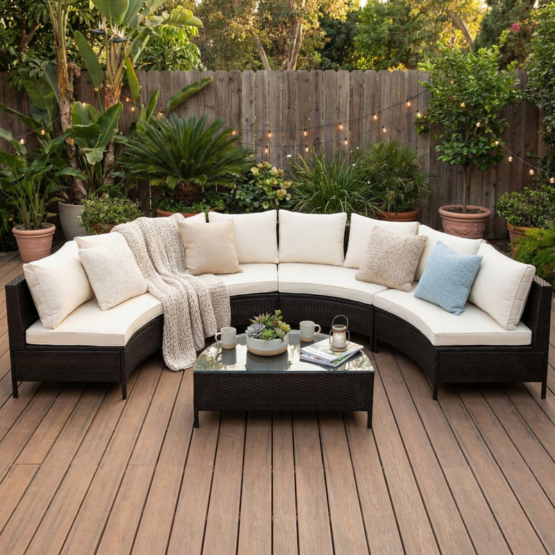 Ensemble de canapé modulaire 5 pièces demi-lune en osier résistant aux intempéries, ensemble de mobilier de patio pour l'extérieur avec table en verre trempé pour le jardin, la cour arrière et le balcon