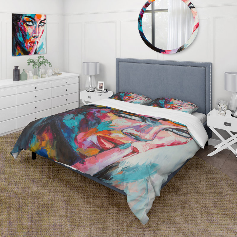 Portrait abstrait d'une jeune femme aux yeux bleus - ensemble de housse de couette moderne - microfibre de polyester