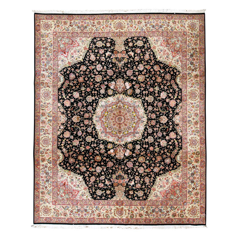 Hand-Knotted Black and Beige Wool Silk Medallion Rug 8' x 10'