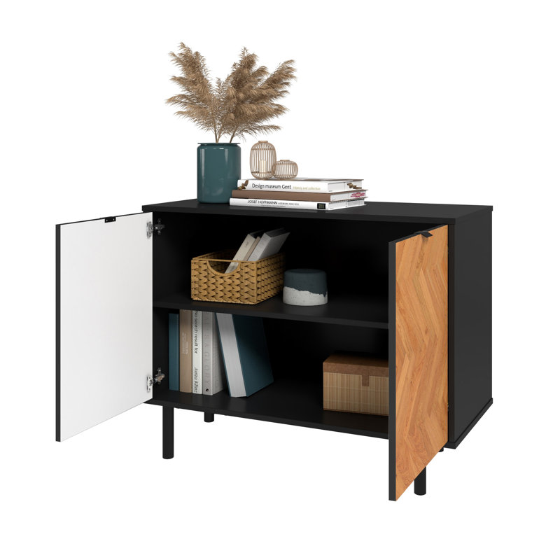 Liam 35" Mid-Century Modern 2-Door Accent Cabinet with Shelves in Natural Wood Print and Black, Black/Light Brown