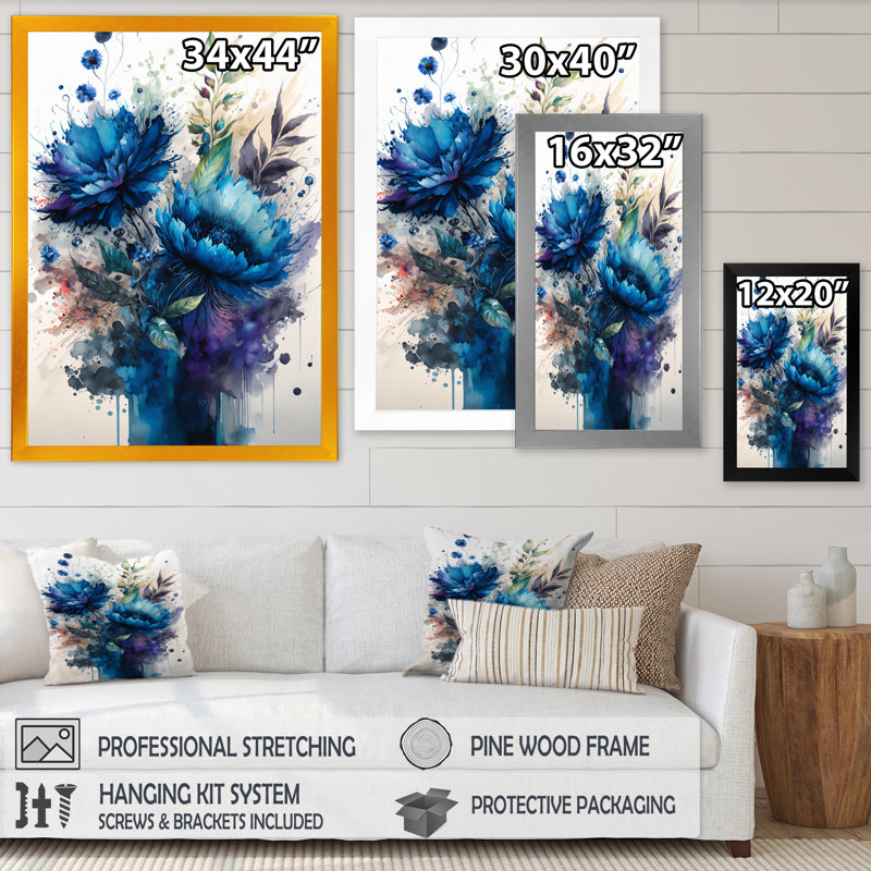 " Vibrant Blue Flower Bouquet I ", Black Picture Framed, 44" H x 34" W x 1.5" D