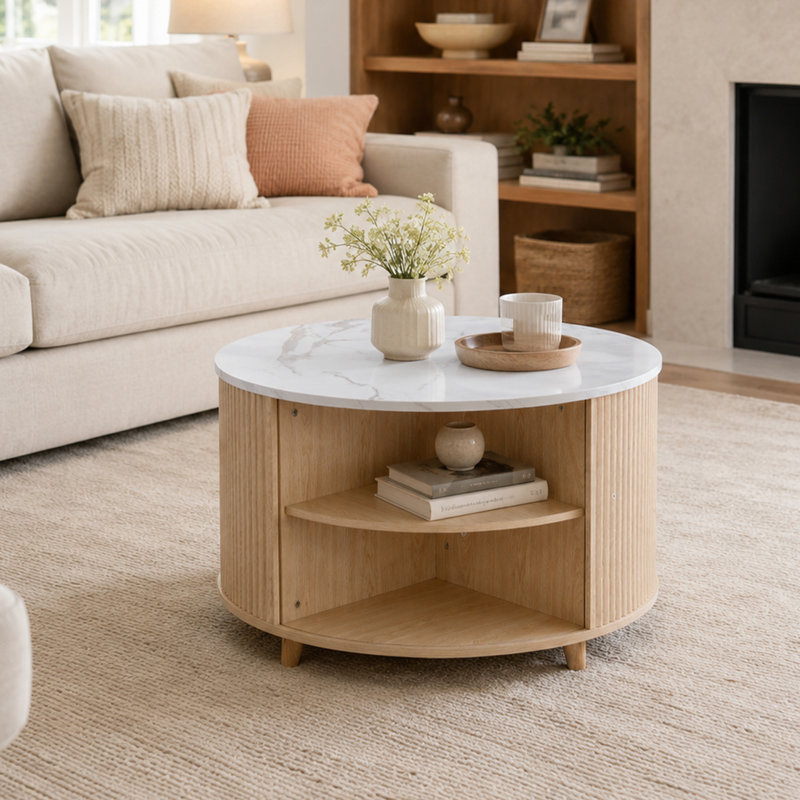 Table basse ronde cannelée avec porte coulissante et rangement à couvercle rabattable