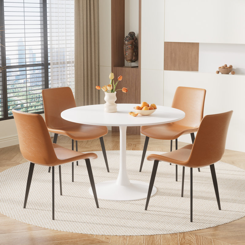 Small Round Pedestal Dining Set, White, 5 Pieces: Table, 4 Chairs, Brown