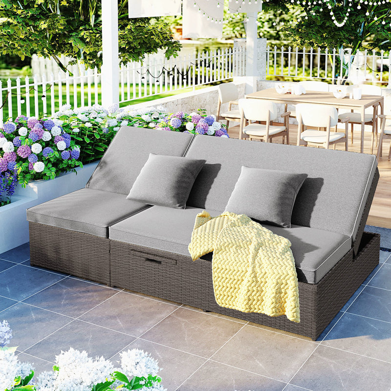 Lit de bronzage extérieur double, chaises de patio inclinables en rotin d'osier avec dossier et siège réglables, ensemble pour 2 personnes