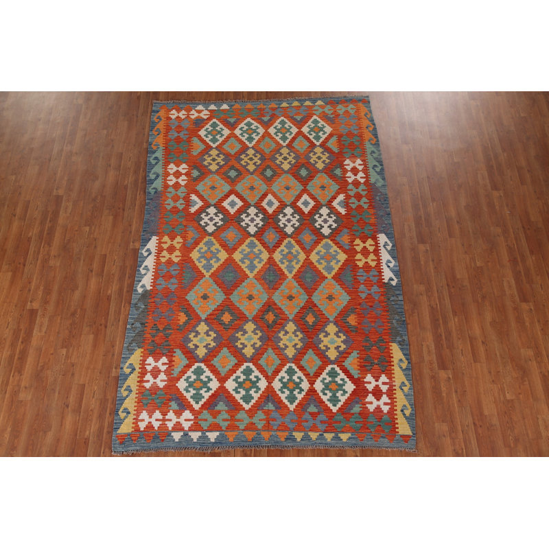 Tapis de salon orange en laine Kilim 6 x 10