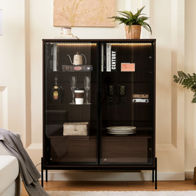 Tempered Glass Display Cabinet With Led. Modern Style For Office Space. Metal Legs, Construction. 4 Adjustable Shelves, 2 Drawers, Black + Dark Walnut Led Lighted Shelf Glass. Living Room, Study. .