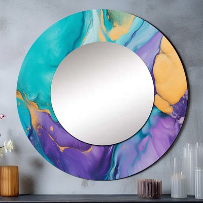 Shanden turquoise et mauve liquide Art I - miroir mural unique Fractals, miroir rond turquoise, impression sur métal