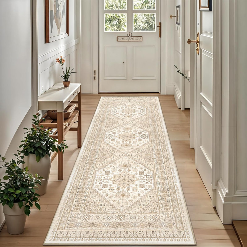 Medallion Non Slip Washable Rug(Cream), Runner 2'6" x 8'