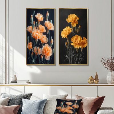Monochromes jaunes et noirs, œillets, photo I, œillets, art mural, ensemble de 2 pièces