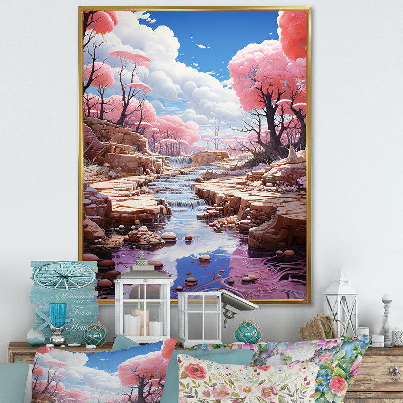 «Kawaii Landscape Pink Geyser Dream», reproduction sur toile, Cadre flottant doré, H 32 po x l 16 po x P 1 po