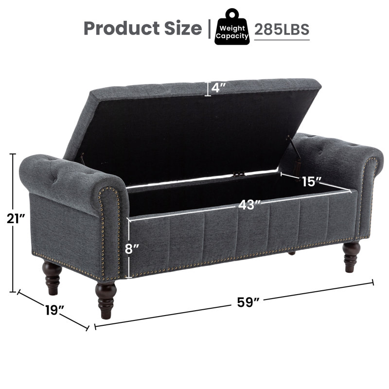 59" Wide Upholstered Bench with Storage Box, Gray