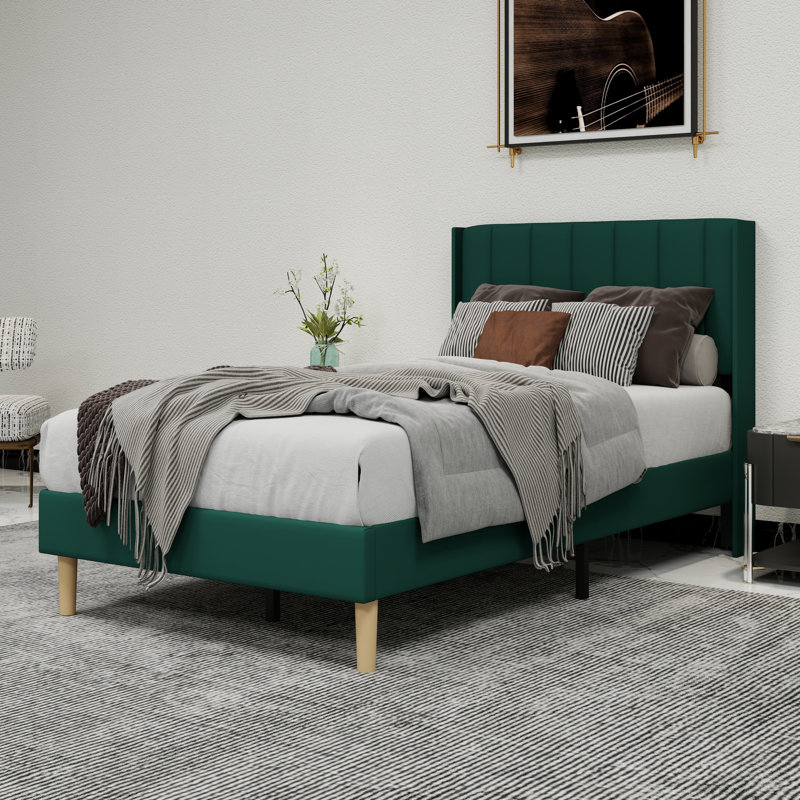 Lit plateforme tapissier avec tête de lit, Simple, Vert