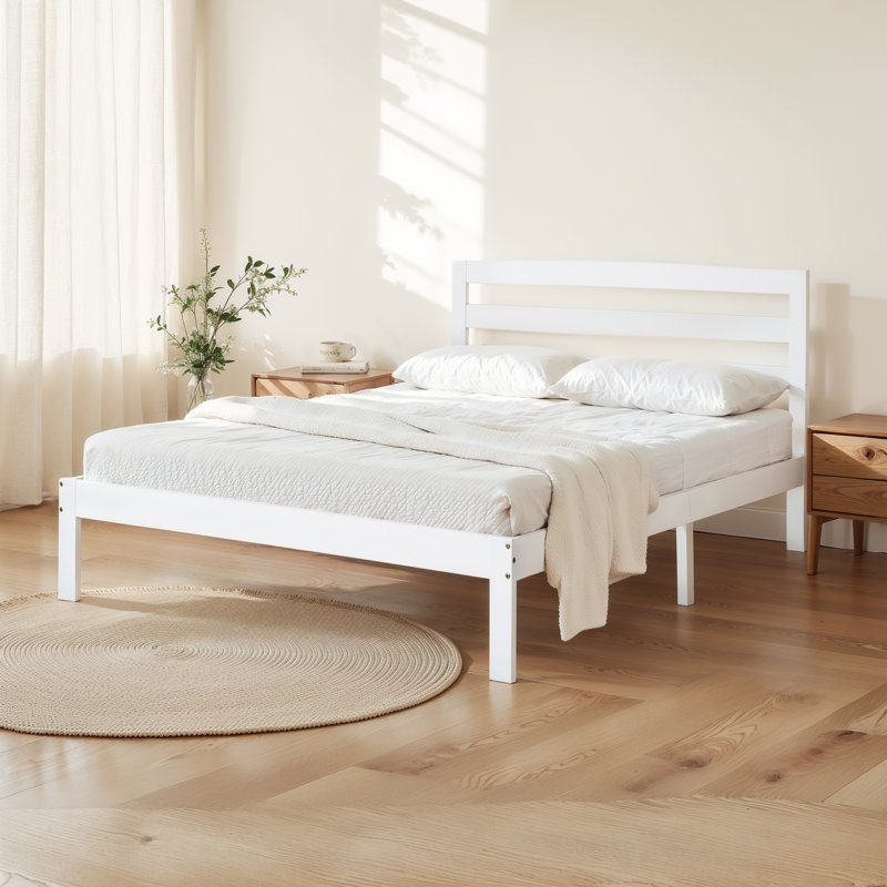 12 Inch Solid Wood Platform Bed Frame with Headboard, No Box Spring Needed and Easy Assembly, Full, White