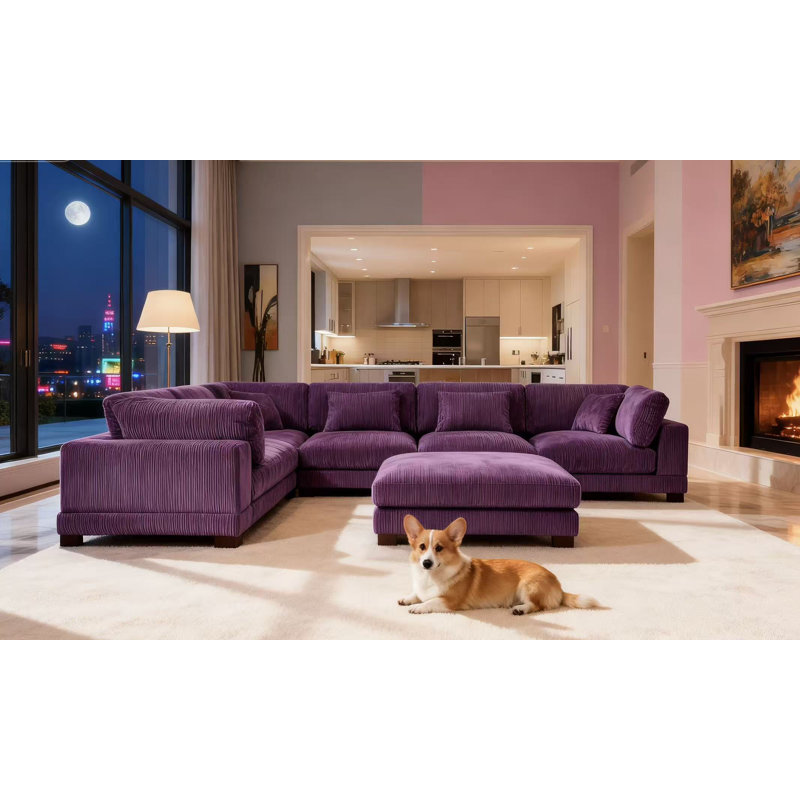 Arliz 7 - Piece 144" Wide Reversible Modular Corner Sectional with Ottoman, Purple Corduroy
