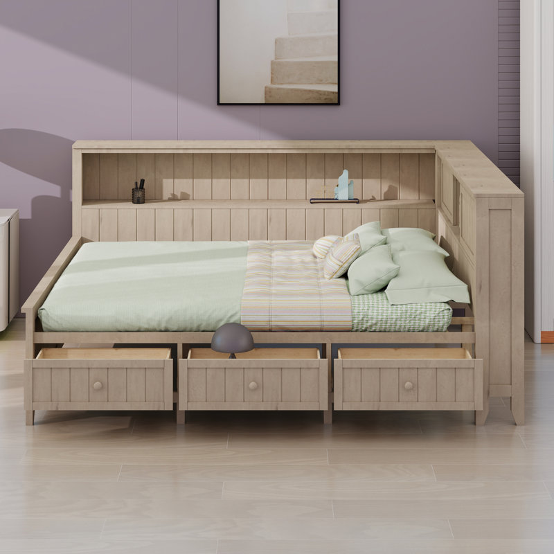 Lit plateforme en bois avec tablettes de rangement, tiroirs, station de charge et tête de lit tapissier, Lit double