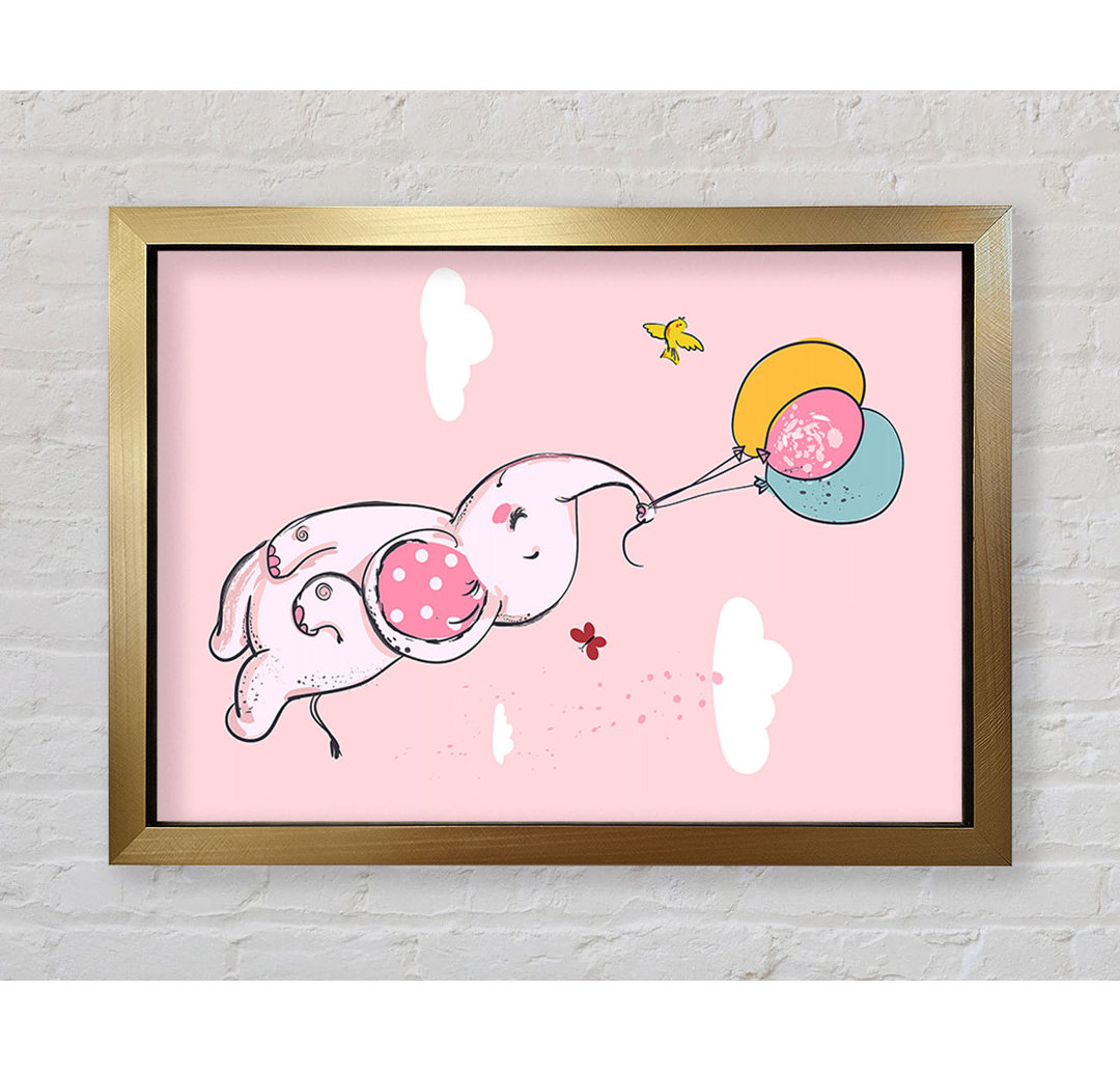 Gerahmtes Wandbild Pink Elephant, der auf Ballone schwimmt