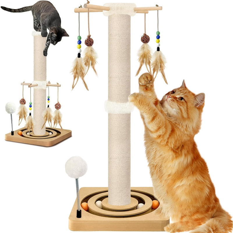 Sisal, meuble interactif pour adultes, 2 méthodes de fixation, grande tour à griffer avec suspension et rail à billes, centre d'activités pour tous les âges