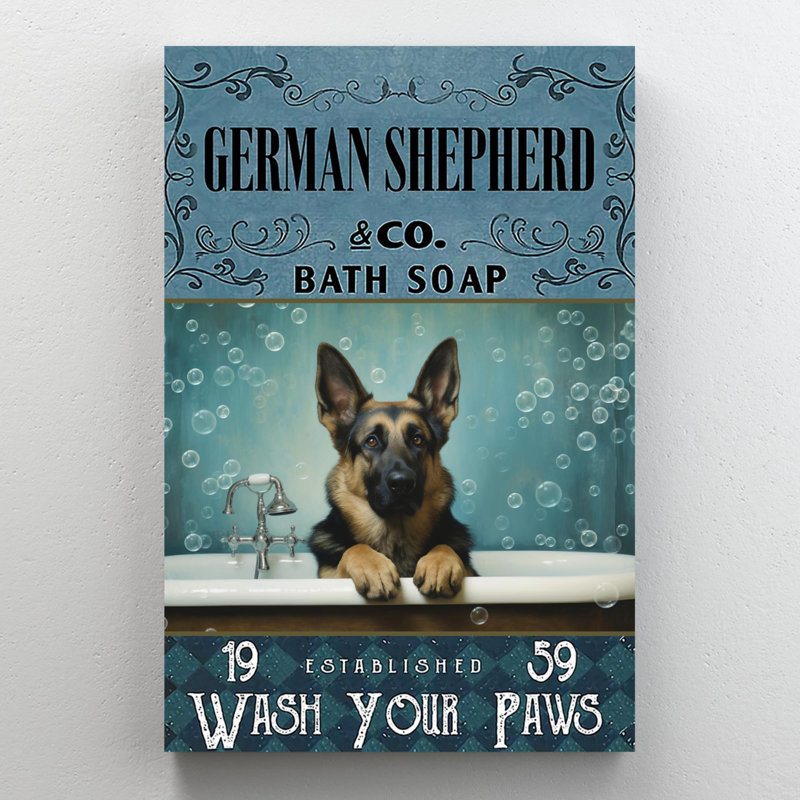 «German Shepherd Bath Soap», reproduction d'art graphique sur toile tendue 1 pièce, H 20 po x l 16 po x P 1,25 po