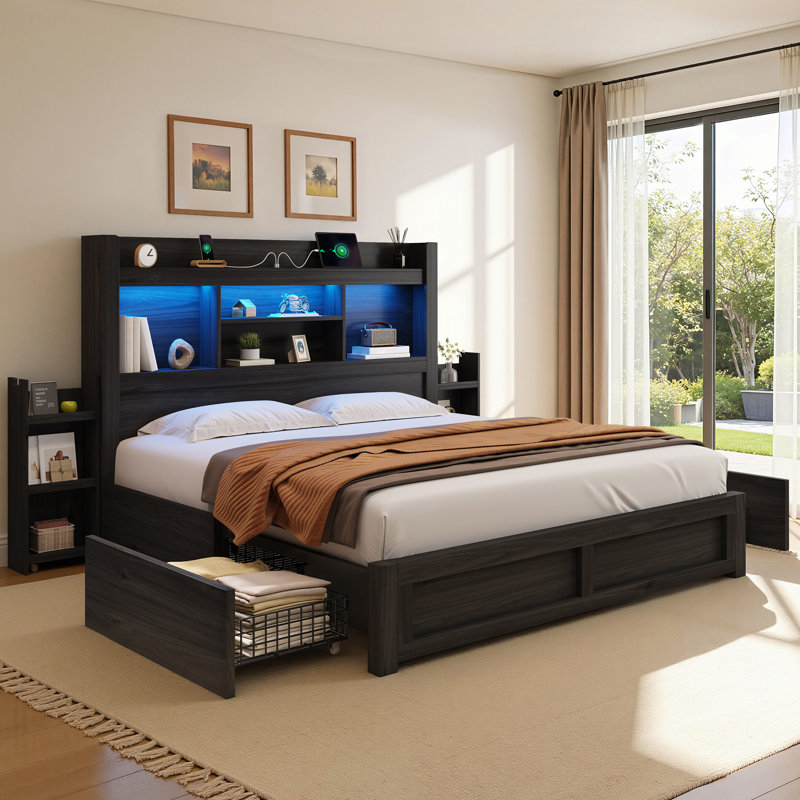 Cadre de lit Coey Queen Size avec 4 tiroirs de rangement, noir, Grand, Noir