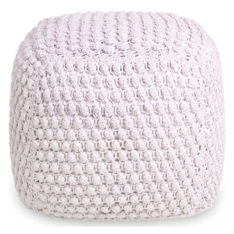 Aitana 18" Cotton Blend Pouf Ottoman, White Cotton Blend