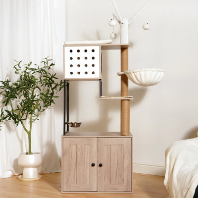 Arbre à chat avec bac à litière - 3 niveaux verticaux, de couleur grise, avec poteaux à griffer, tapis antidérapant dans la zone de ravitaillement et boules détachables modernes à 1 bol, pratique pour économiser de l'espace
