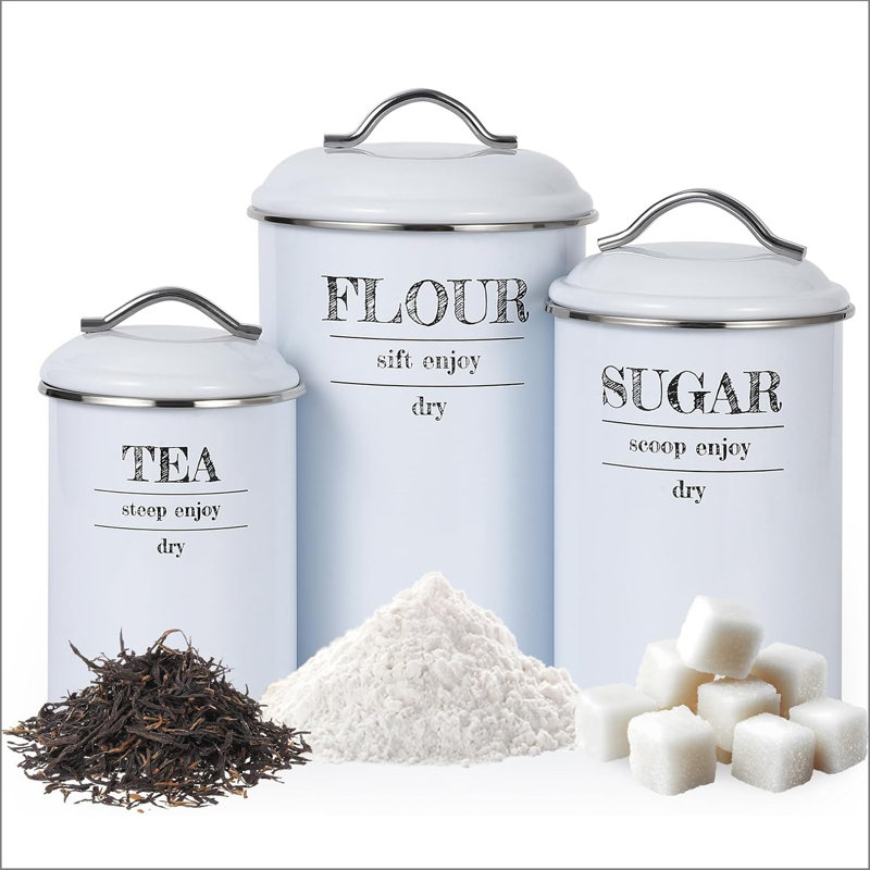 Kitchen Canisters Set Of 3, Food Storage Containers For Countertop, Large Airtight Flour Sugar Tea Containers With Lids, White Farmhous Decor,Type C