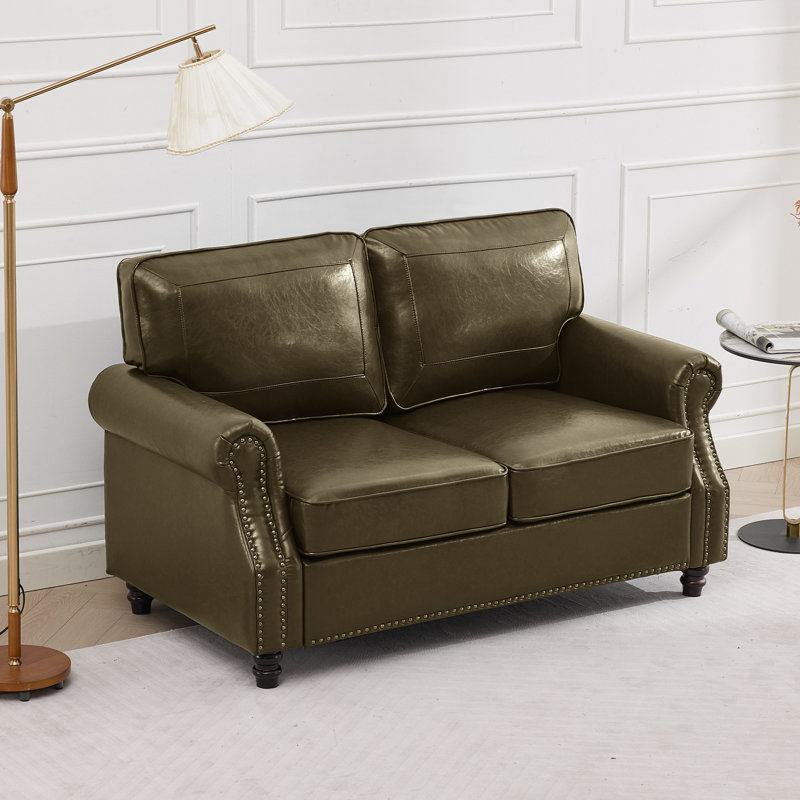 59" Upholstered Loveseat Faux Leather Sofa, Olive Green