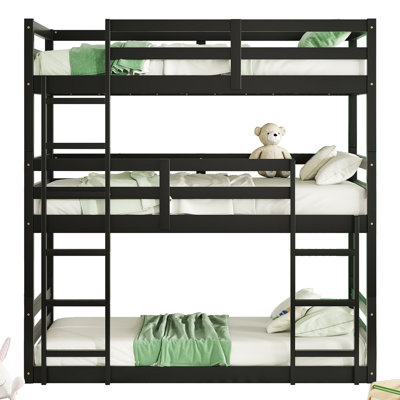 Lit superposé détachable en bois d'hévéa avec 2 échelles intégrées et garde-corps de sécurité, cadre de lit triple convertible sans sommier
