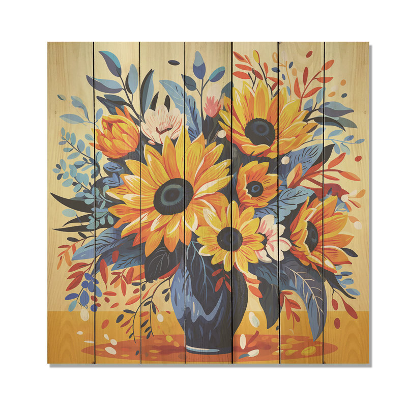 Yellow Boho Sunflower Bouquet Elegance I - Sunflower On Wood Print, 30" H x 30" W