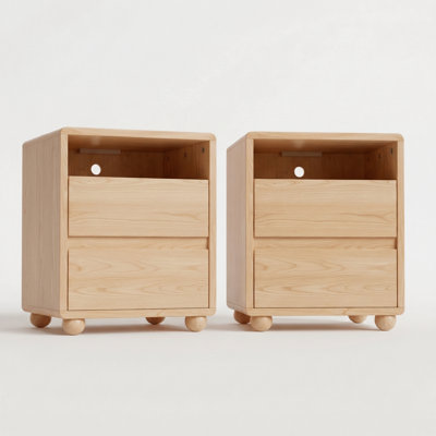 Ensemble de 2 tables de chevet modernes en bois massif avec station de charge, 2 tiroirs à fermeture en douceur, trou de gestion des câbles, conception à bords arrondis, assemblage facile en 10 minutes