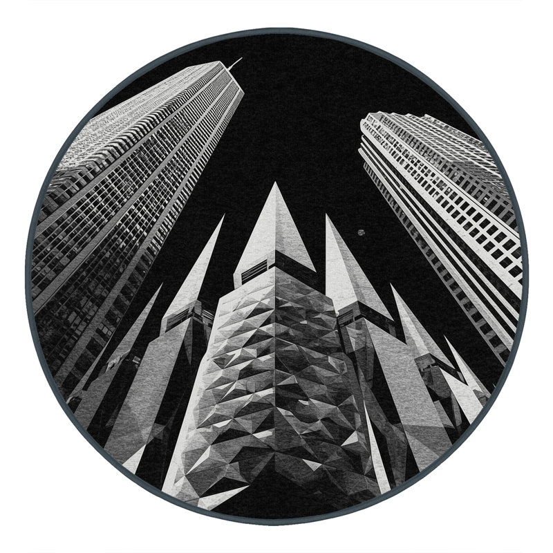 Tapis géométrique moderne et contemporain lavable à la machine gris et noir Panameno, Rond 7 pi