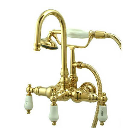 Vintage Triple Handle Wall Mounted Clawfoot Tub Faucet with Handshower, Polished Brass