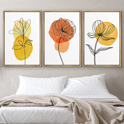 Minimal tulipes botaniques et marguerites avec pois aquarelle orange et jaune floral botanique - 3 pièces, ensemble d'art graphique sur toile flottante