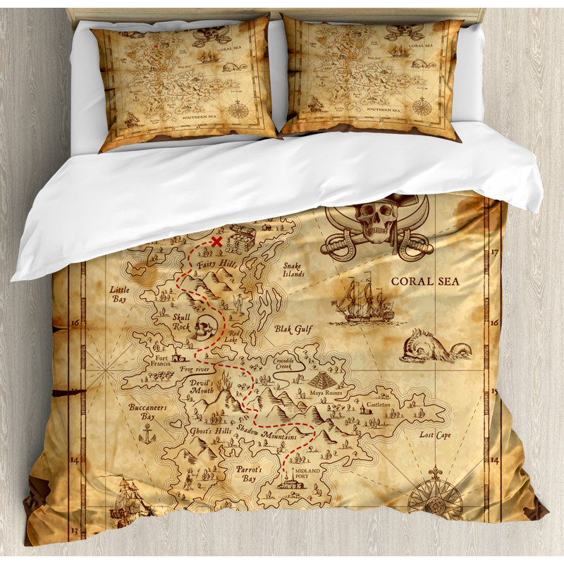 Beige Brown Rustic Pirate Map Queen Duvet Cover Set
