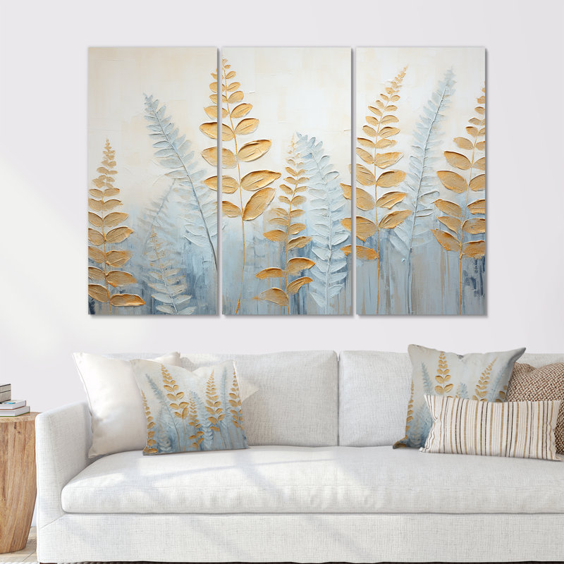 Blue and Golden Ferns Breeze Symphony - ensemble de décorations murales fougères, Toile tendue, H 32 po x l 48 po x P 1 po