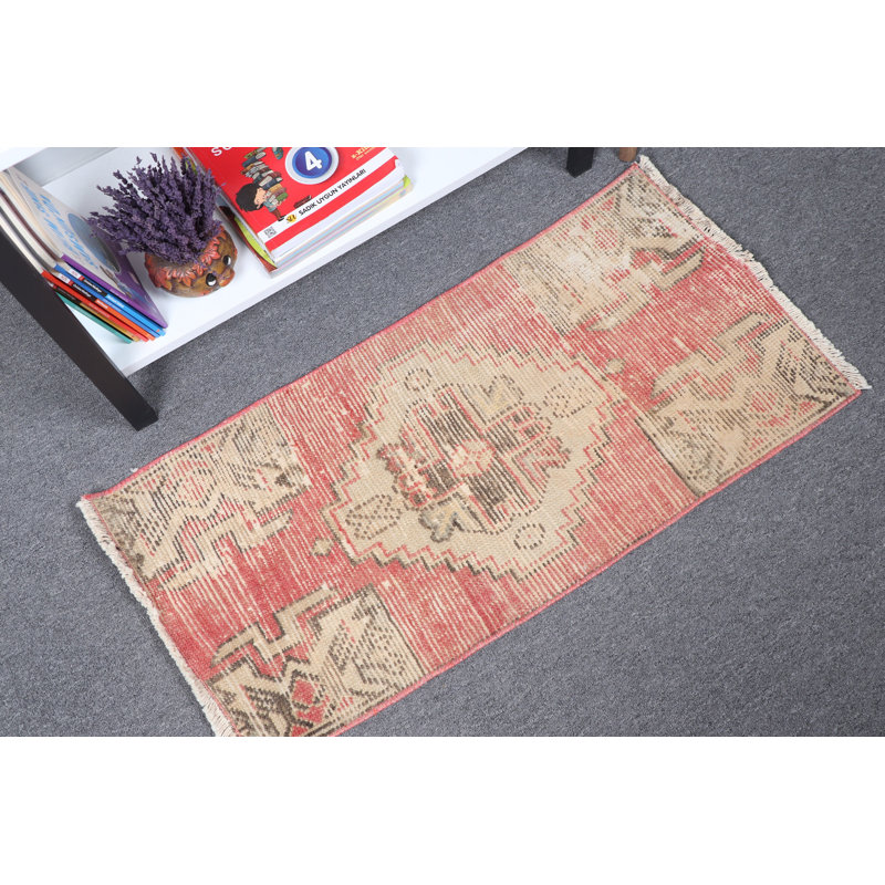 Authentic Turkish Red Vintage Small Wool Rug Ideal For Bathroom Or Small Entry Spaces