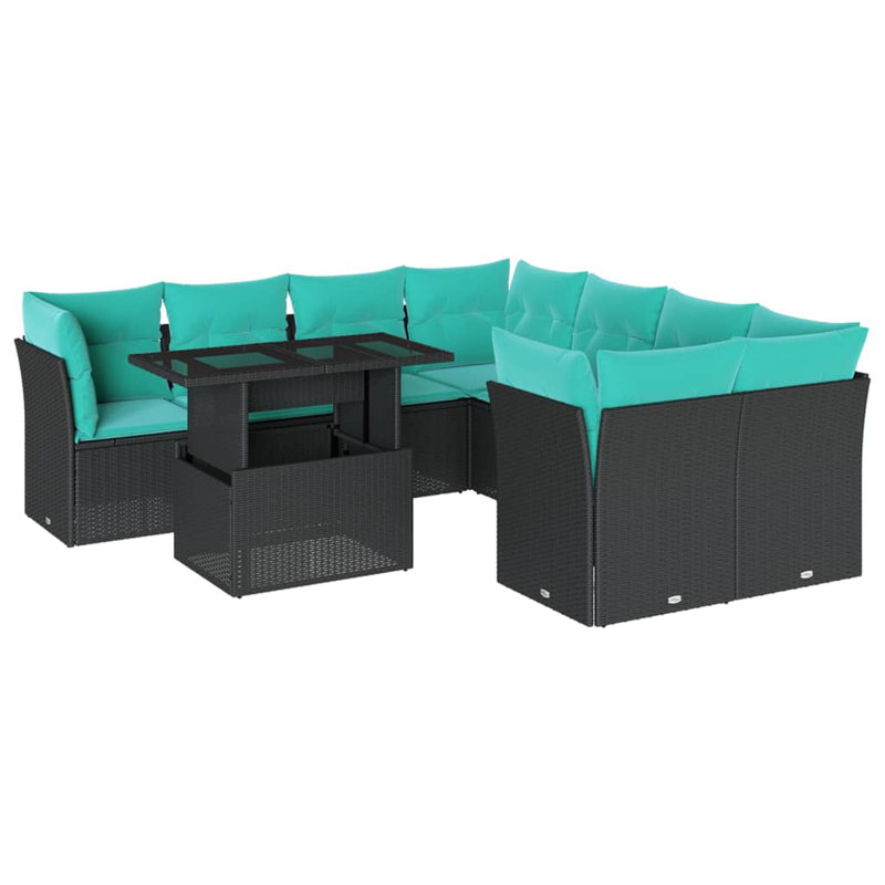 Ensemble de canapé de patio 9 pièces avec coussins en rotin de polyester, Bleu clair, Noir