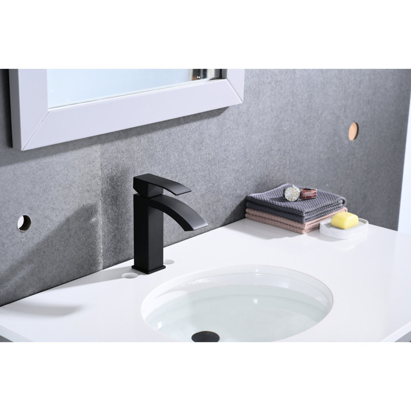 Bathroom Sink Faucet With Matte Black Finish And Waterfall Spout - Single Handle Pop-Up Drain  Overflow Attached  Robust Stainless Steel For Performance Easy Installation Appearance Blended