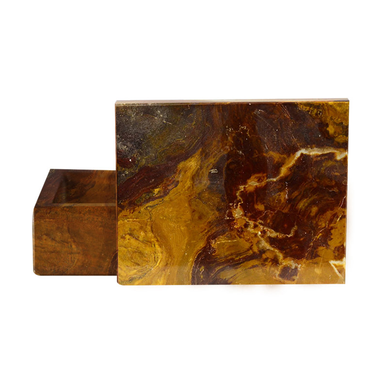 Natural Amber Marble Storage Box, 2x5 Rectangle Lidded Container, Veined Stone Vanity Trinket Dish
