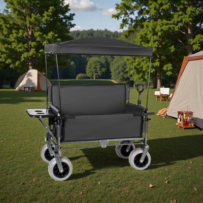 3-in-1 Collapsible Wagon Converts to Bench Convertible Folding Wagon Cart with Canopy &Rear-Mounted Folding Tabletop, 500lbs Heavy-Duty, 180L Capacity for Camping, Beach, Garden, Fishing