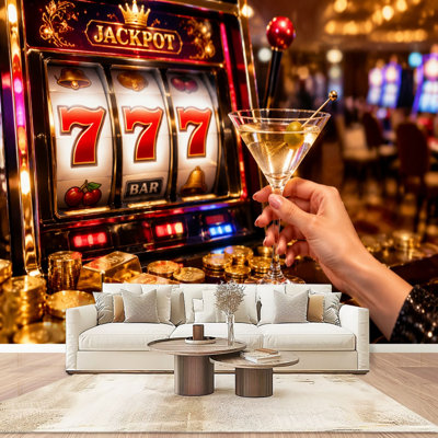 Papier peint adhésif moderne à motif de machines à sous à jackpot, symboles de casino et de jeux d'argent, pour chambre ou salon. Dimensions : 254 cm (L) x 366 cm (l).