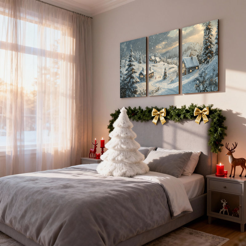 «Christmas Winter Landscape Snowy Village Cabin Trees», ensemble de 3 impressions sur toile