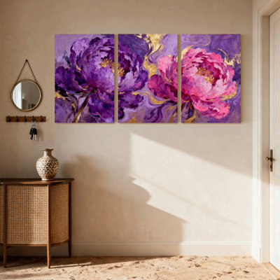 Plantes et fleurs, pivoine mauve, ensemble de 3 impressions sur toile